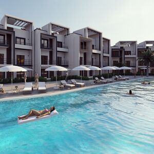 A 64 sqm apartment with a side view of the swimming pool.